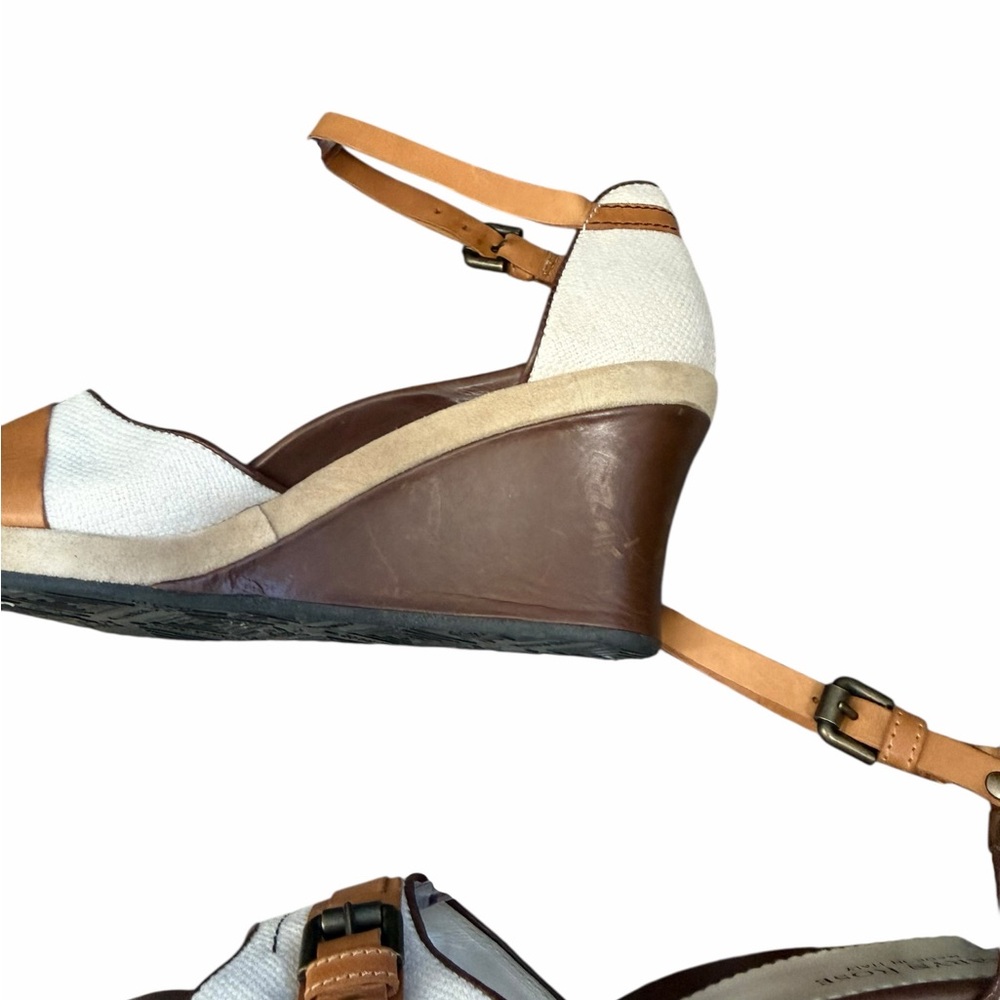 Taryn Rose Tan Leather/Cream Textured Fabric Wedge Sandals 8.5 Made in Italy - Picture 10 of 10